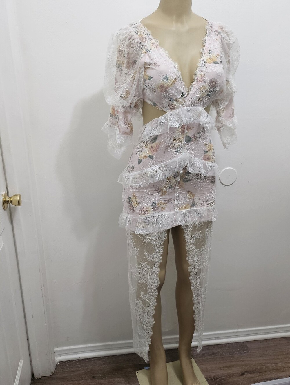 For Love And Lemons Pink Lace Ruffle Sheer Maxi Slip Dress - Picture 4 of 7